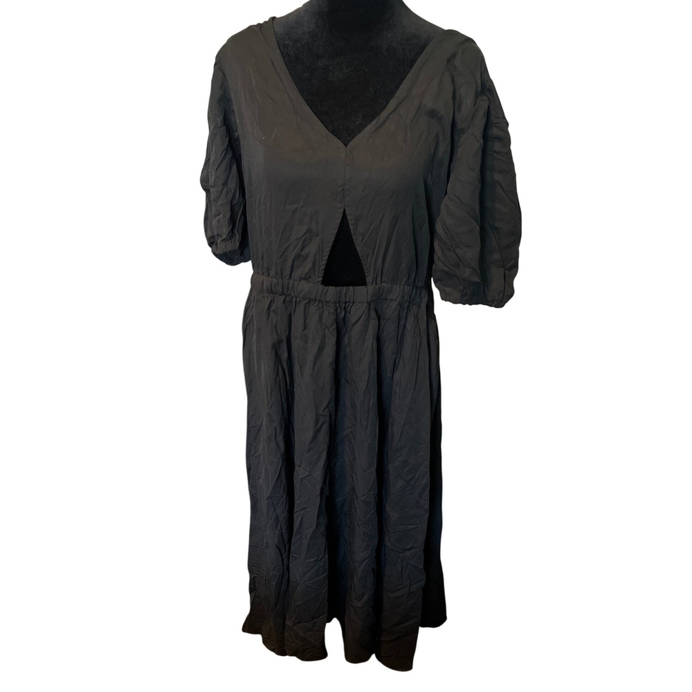 Terea by Andrea Pitter‎ Black Lyocell Midi Dress Puff Sleeve Cutout   XL NWT